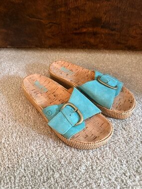 Born Turquoise Suede Slide Sandals with Buckle Accent